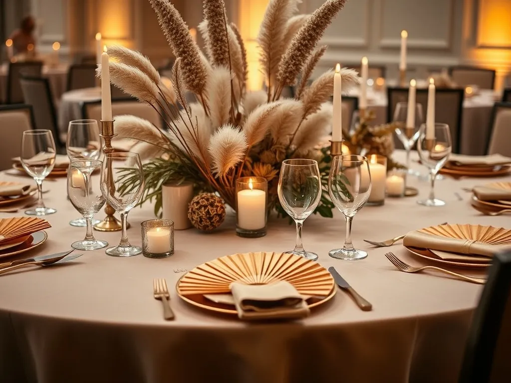 Table décorée avec éventails dorés et terracotta pour réception événementielle
